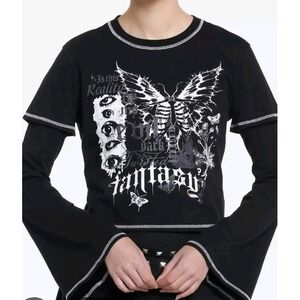 Social Collision Y2K Fairy Grunge Goth Butterfly Bell Sleeve Crop Top Black L